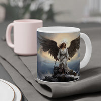 Front of mug with angel standing on a mountain 20 oz
