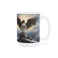 Front of mug with angel standing on a mountain 20 oz on a white background