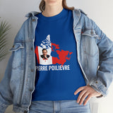 Woman wearing Pierre Poilievre for Canada | Unisex Heavy Cotton Tee in Royal Blue under a Jean Jacket 
