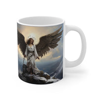 Front of "Divine Triumph: Warrior Angel Inspirational Coffee Mug" with angel standing on a mountain on a white background