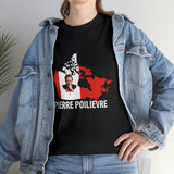 Woman wearing Pierre Poilievre for Canada | Unisex Heavy Cotton Tee in Black under a Jean Jacket