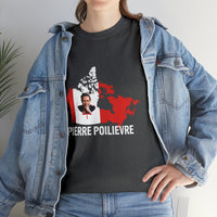 Woman wearing Pierre Poilievre for Canada | Unisex Heavy Cotton Tee in Dark Heather under a Jean Jacket