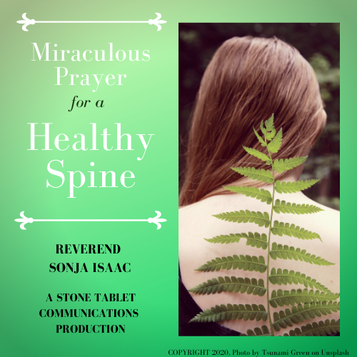 Miraculous Prayer for a Healthy Spine with Reverend Sonja Isaac - A Stone Tablet Communications  Production. This album cover shows the back of a female with a long fern plant representing her spine.