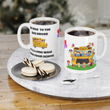 Front and Back of Bus Driver Ceramic Mugs with a hot beverage and Christmas Cookies
