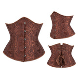 Coffee Jacquard Underbust Corset Front Side, and Back