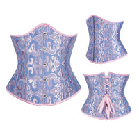 Pink Blue Jacquard Underbust Corset Front, Side and Back