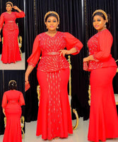 Red Plus Size Two Piece Set with Belted Blouse and Skirt showing Front, Side and Back