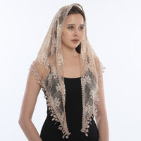 Embroidered Christian Prayer Shawl/Scarf/Veil with Spanish Mantilla Floral Lace Fringes