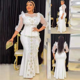 Style 2 White Plus Size Two Piece Set with Blouse and Skirt showing Front, Side and Back