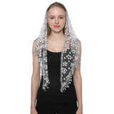 Embroidered Christian Prayer Shawl/Scarf/Veil with Spanish Mantilla Floral Lace Fringes