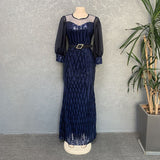 African Fashion Sequin Dress for Plus Size Elegance on a Mannequin in Navy Blue