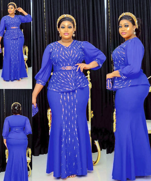 Blue Plus Size Two Piece Set with Belted Blouse and Skirt showing Front, Side and Back
