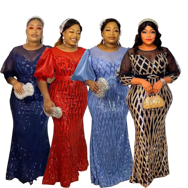 Group of African Fashion Sequin Dresses for Plus Size Elegance in Navy, Red, Sky Blue and Black