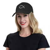 Beautiful Woman leaning to the right and wearing Jesus Fish Baseball Cap for Men or Women