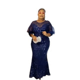 African Fashion Sequin Dress for Plus Size Elegance in Navy
