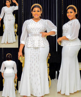 Style 1 White Plus Size Two Piece Set with Belted Blouse and Skirt showing Front, Side and Back