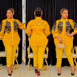 Yellow Plus Size Party Pantsuit Front Back and Side