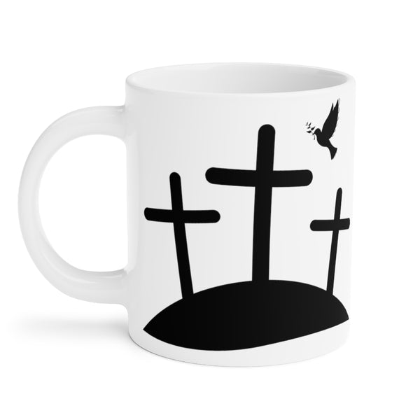 I'll Be Right Back Ceramic Mug Left View with 3 Crosses on a hill with the Dove of Peace above it.